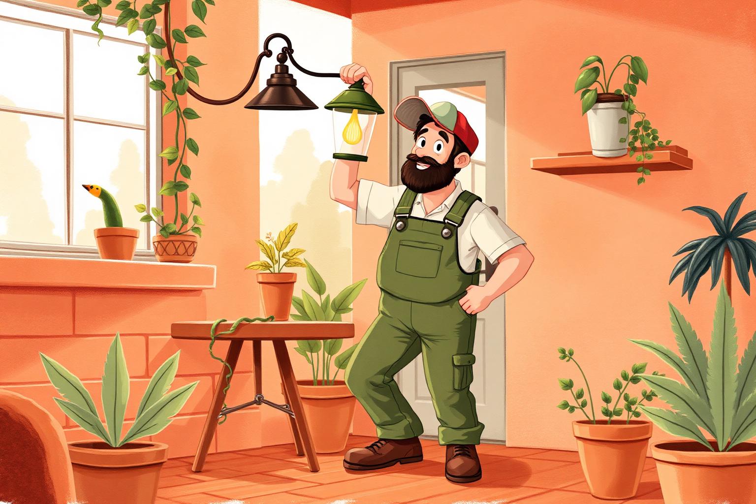 Técnico simpático trocando uma lâmpada em uma sala aconchegante